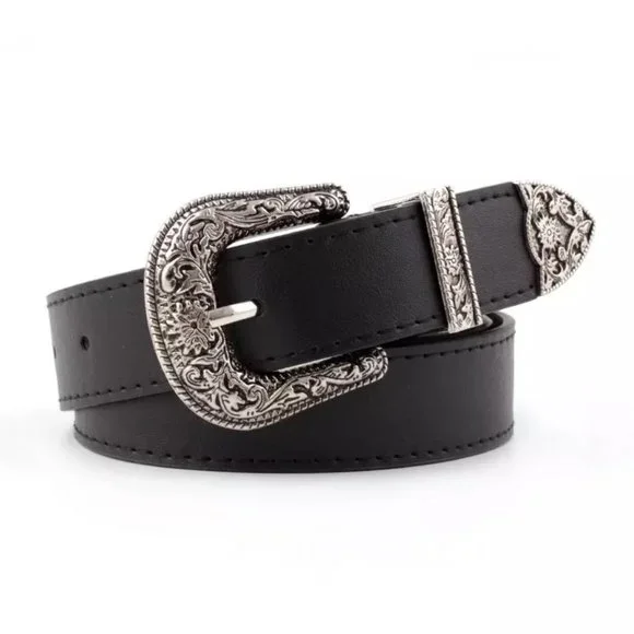 Western Belt Vintage Vegan Black Leather - Picture 3 of 7